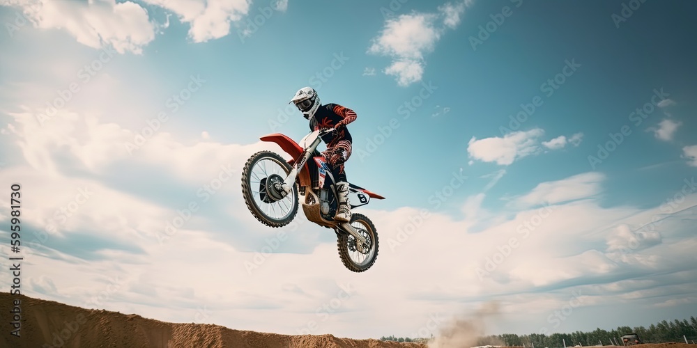 Naklejka premium extreme biker making a stunt and jumps in the air by ai generative