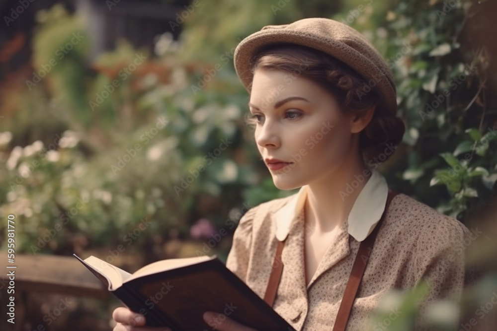 Fototapeta premium Stylish woman in 1930s clothes sits in garden and reading book, created with Generative AI Technology