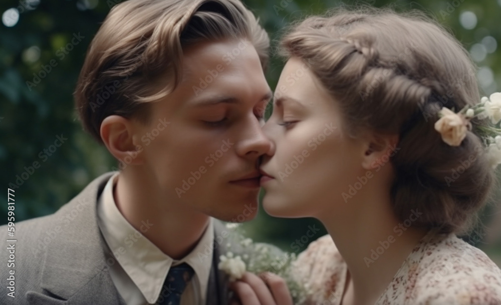 Couple of man and woman in 1930 clothing style kissing in garden in summer time, created with Generative AI Technology