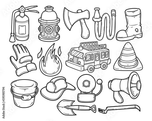 Set of fireman element hand-drawn outline sketch illustration