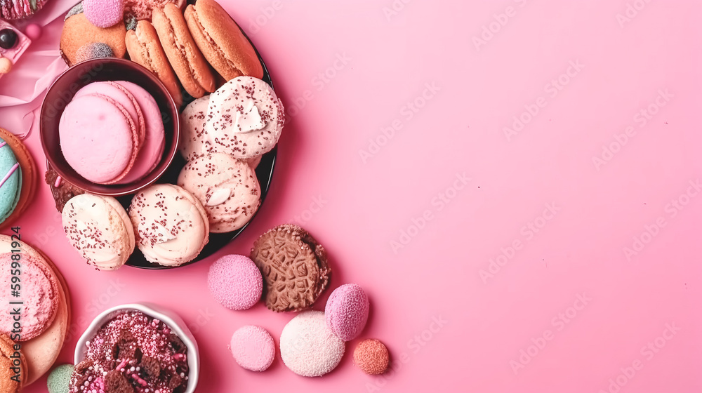 Different cookies on a pink background, flat lay, generative AI. Different cookies on a pink background, flat lay, generative AI.