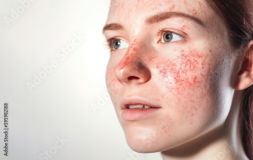 rosacea skin condition, woman on white isolated background with red skin disease, generative ai photo