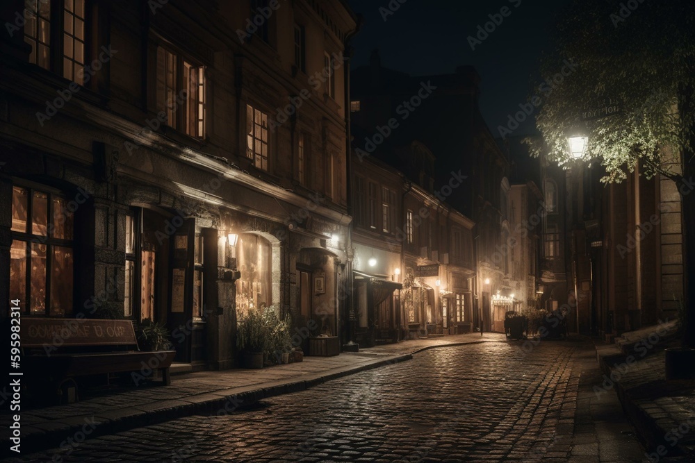 A peaceful night-time scene in a historic city center. Generative AI