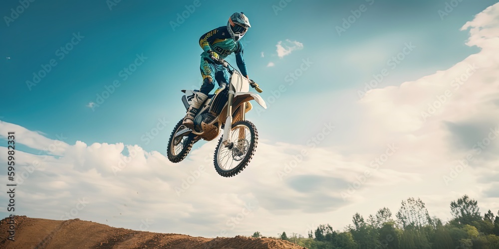 Naklejka premium extreme biker making a stunt and jumps in the air by ai generative