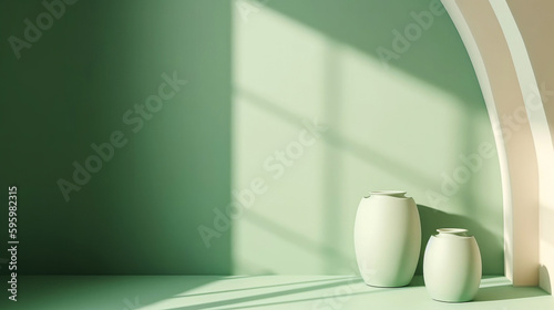 White porcelain vase on light green tiled floor against a serene light green wall with window and curtains. Natural light creates a calm ambiance. Perfect for interior design projects, product mockup