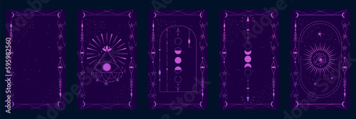 Tarot card set with mystic eye and celestial border. Boho esoteric tarot card with eye and frame. Vector illustration. Sacred geometry celestial triangle