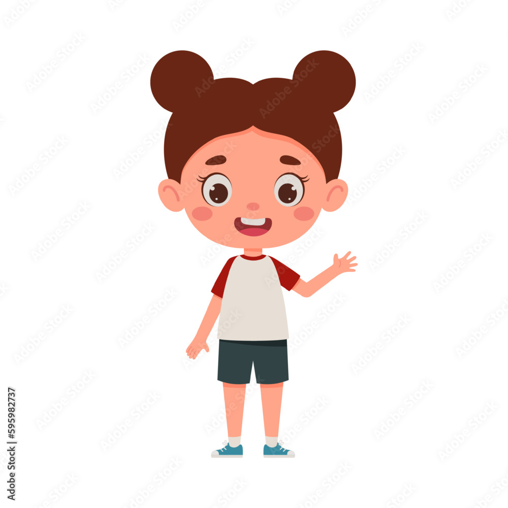 Cute cartoon little girl waving her hand. Little schoolgirl character. Vector illustration