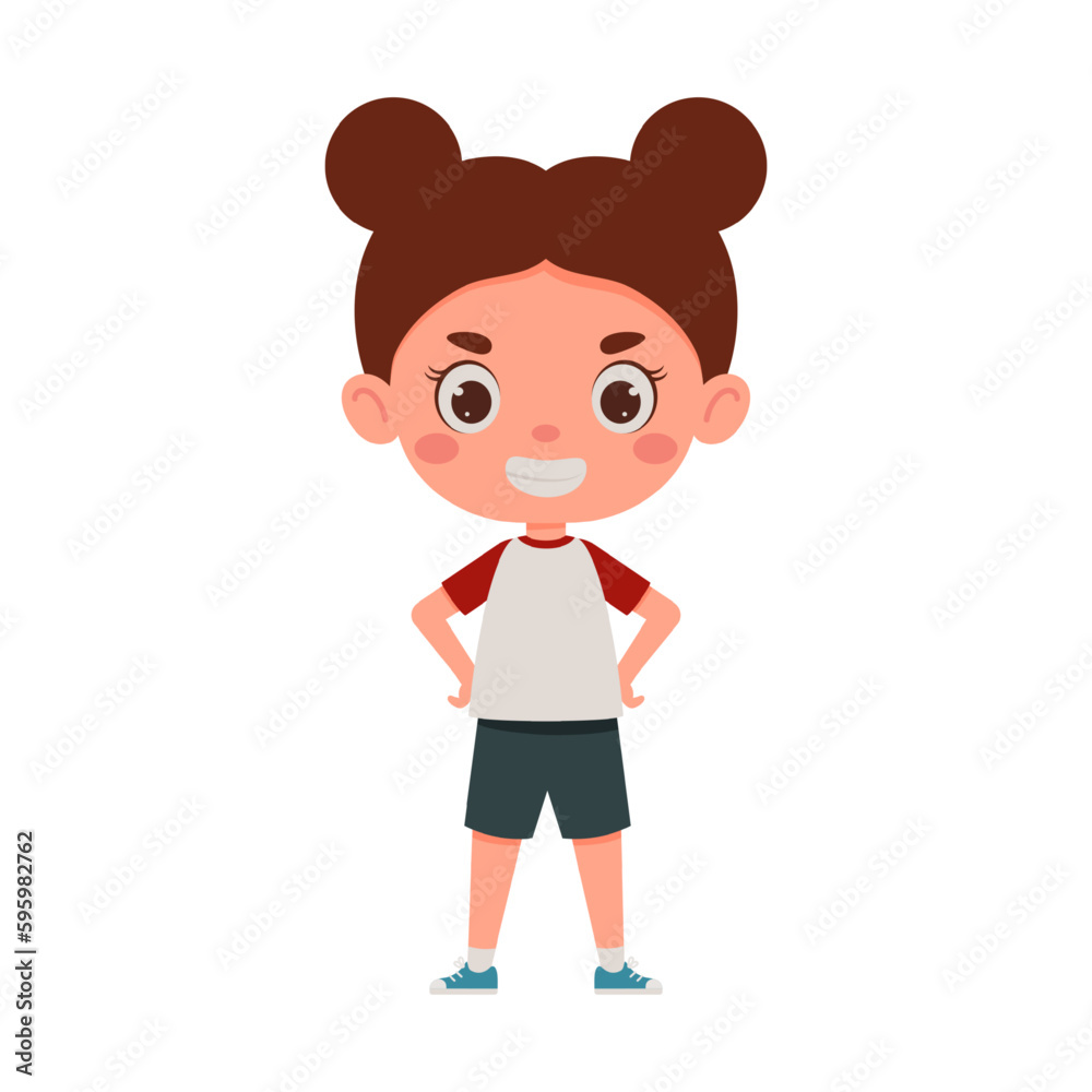Cute little kid happy girl smile. Cartoon schoolgirl character show facial expression. Vector illustration