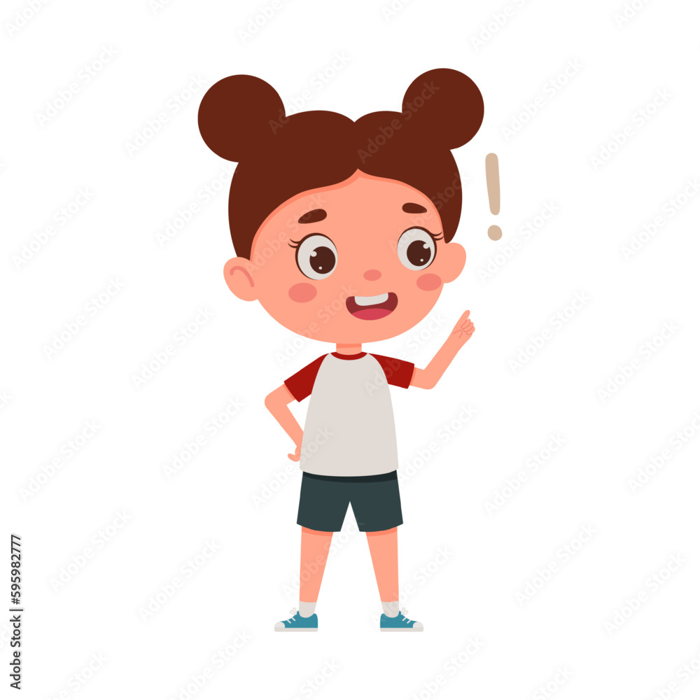 Cute little kid girl with great idea. Cartoon schoolgirl character show facial expression. Vector illustration