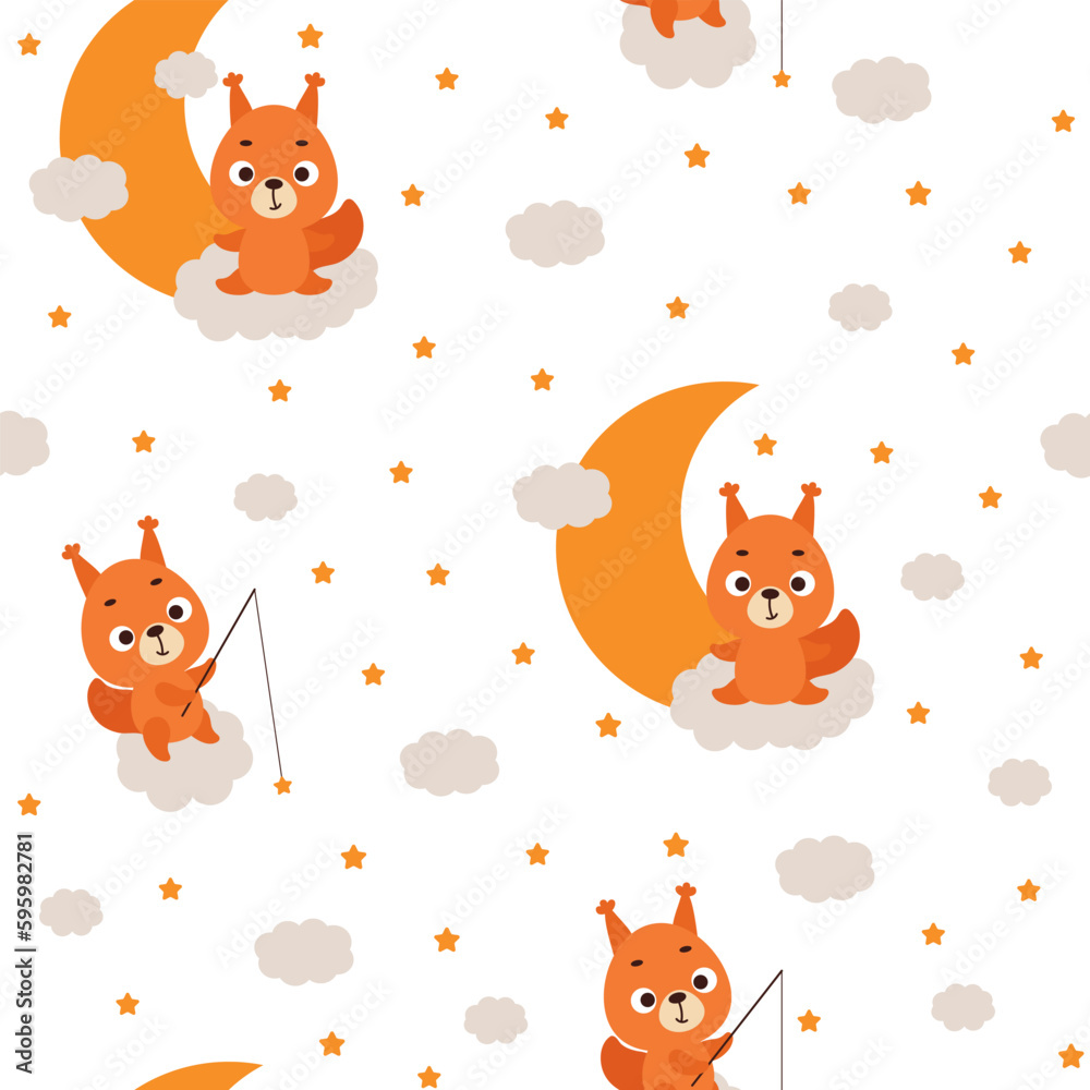 Fototapeta premium Cute little squirrel sleeping on cloud seamless childish pattern. Funny cartoon animal character for fabric, wrapping, textile, wallpaper, apparel. Vector illustration