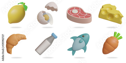 food 3D vector icon set.
lemon,egg,beef,cheese,croissant,milk,fish,carrot