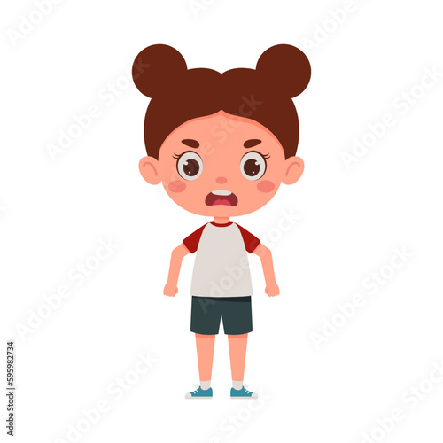 Cute cartoon little angry girl. Little schoolgirl character. Vector illustration