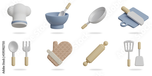 kitchen 3D vector icon set.
chef hat,plate and spoon,pan,knife and cutting board,spoon fork,oven gloves,rolling pin,spatula