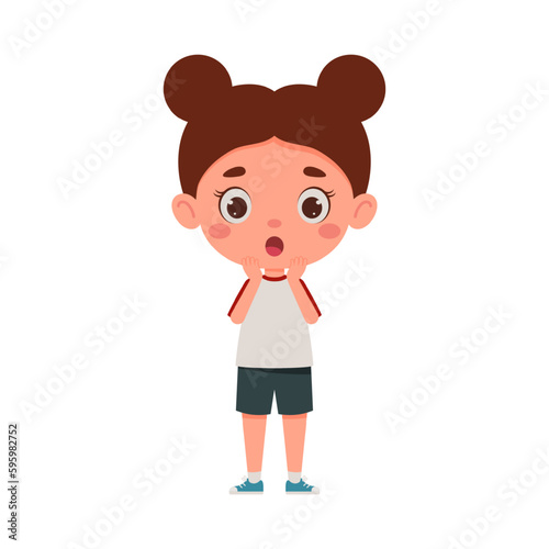 Cute cartoon little scary girl. Little schoolgirl character show facial expression. Vector illustration
