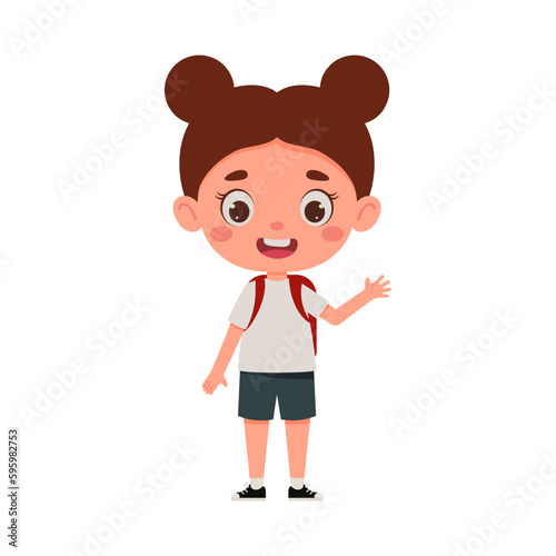 Cute cartoon little girl with the backpack waving her hand hello. Little schoolgirl character. Vector illustration