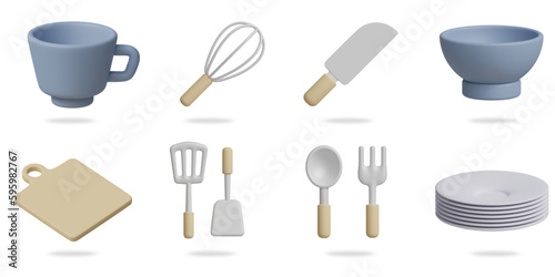 kitchen 3D vector icon set.
cup,egg beater,knife,plate,cutting board,spatula,spoon fork,white plate