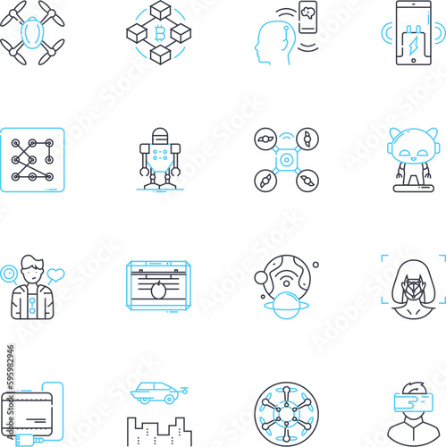 Robot courier linear icons set. Automation, Delivery, Efficiency, Innovation, Convenience, Future, Technology line vector and concept signs. Robot,Autonomous,Logistics outline illustrations © Nina