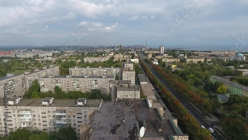 Circular Panorama of Mariupol from above Azovstal plant works and smokes Generative AI