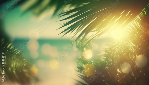 Blurred ocean and palm leaf background with bokeh effect. Tropical vacation concept. Generative AI. © Anna