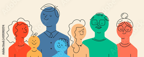 Large family of seven, in a flat design style. Mom, dad, children, grandparents in bright colors. Vector illustration.
