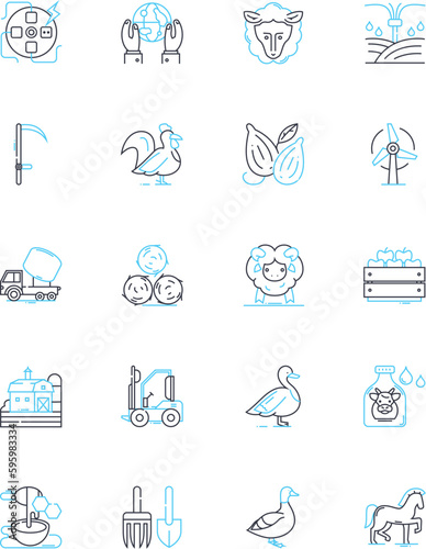 Livestock show linear icons set. Exhibition, Competition, Agriculture, Showmanship, Breed, Prizes, Judging line vector and concept signs. Cattle,Pigs,Sheep outline illustrations