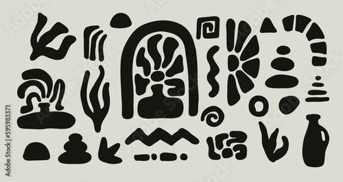 Set of abstract hand-drawn decorative elements for design. Vector illustration. Doodle stones  plants  vases  geometric shapes. Contemporary Art.