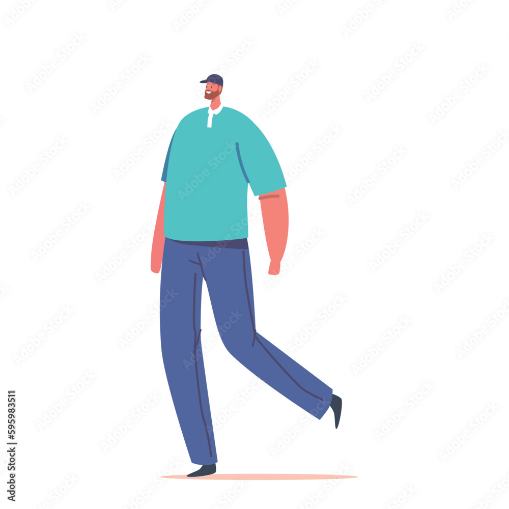 Happy Male Character Wear Casual Clothes And Cap Walking Confidently With A Bounce In His Step. Cheerful Man Walker Happy Male Character Wear Casual Clothes And Cap Walking Confidently With A Bounce In His Step. Cheerful Man Walker
