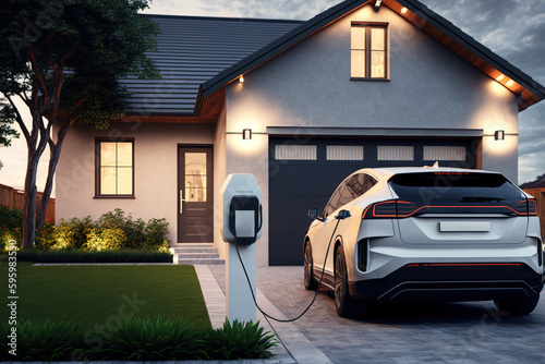 Modern electric car parked next to a home and charging from a charging station on sunset. Mindful of the planet's resources. AI Generative