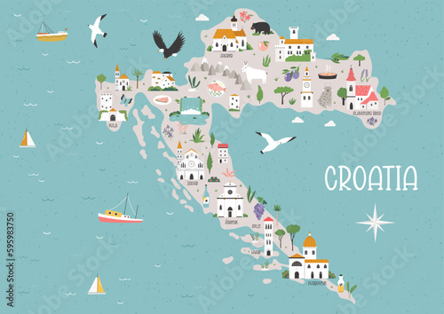 Colorful cartoon map of Croatia with famous cities, must-see attractions. #595983750
