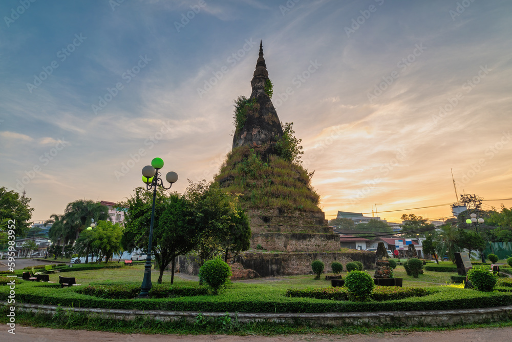 Vientiane Laos, sunrise city skyline at That Dam Stupa or Black Pagoda