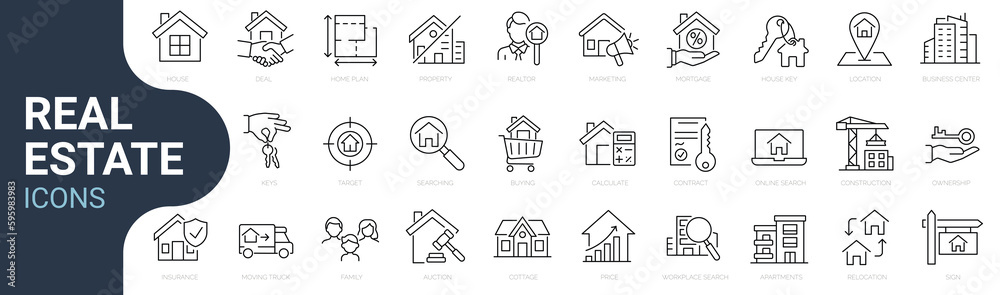 Set of line icons related to real estate, property, buying, renting, house, home. Outline icon collection. Editable stroke. Vector illustration. Linear business symbols - obrazy, fototapety, plakaty 