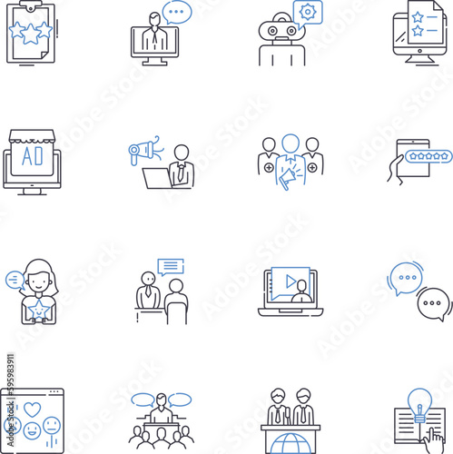 Telegraph line icons collection. Communication, Message, Wire, Transmission, Signal, Connection, News vector and linear illustration. Media,History,Morse outline signs set