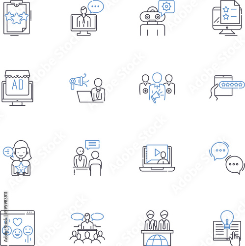 Telegraph line icons collection. Communication, Message, Wire, Transmission, Signal, Connection, News vector and linear illustration. Media,History,Morse outline signs set photo