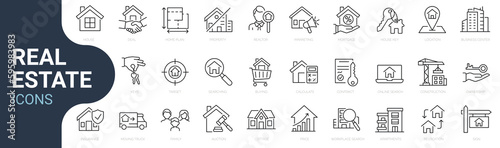 Set of line icons related to real estate, property, buying, renting, house, home. Outline icon collection. Editable stroke. Vector illustration. Linear business symbols photo