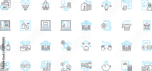 Investment firms linear icons set. Portfolio, Asset, Capital, Advisory, Equity, Risk, Strategy line vector and concept signs. Diversification,Return,Shares outline illustrations