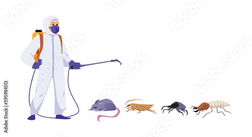 Pest control worker with pests and insects, flat vector illustration isolated.