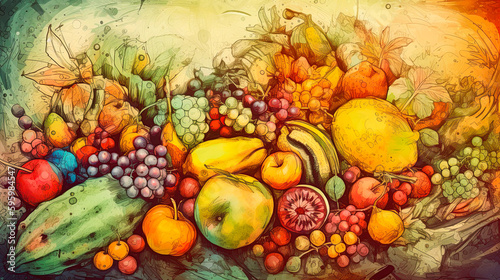 Fruit. Abstract  colorful illustration. Digital painting for print and background. Ai Generative illustration