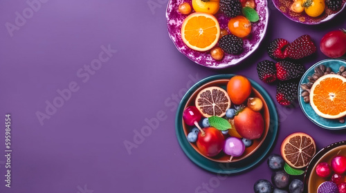 Background with sweets on a purple background from above, generative AI.