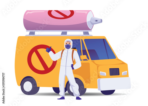Pest control service van and worker in front of it, flat vector isolated.