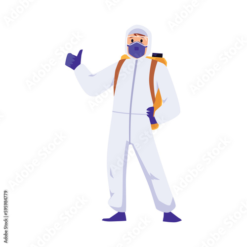 Pest control service worker showing thumb up gesture, flat vector illustration isolated on white background.