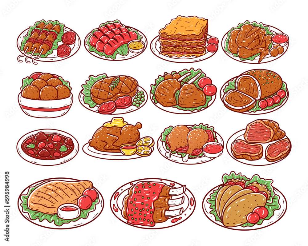 Set of meat dishes hand drawn illustration Set of meat dishes hand drawn illustration