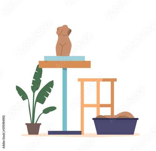 Unfinished Clay Female Body Sculpture, Lacking Limbs And Head, Depicts The Torso And Upper Thighs, Vector Illustration