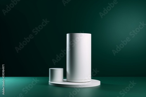 Minimal 3D render of white cylinder podium on dark green abstract background for product display. Generative AI