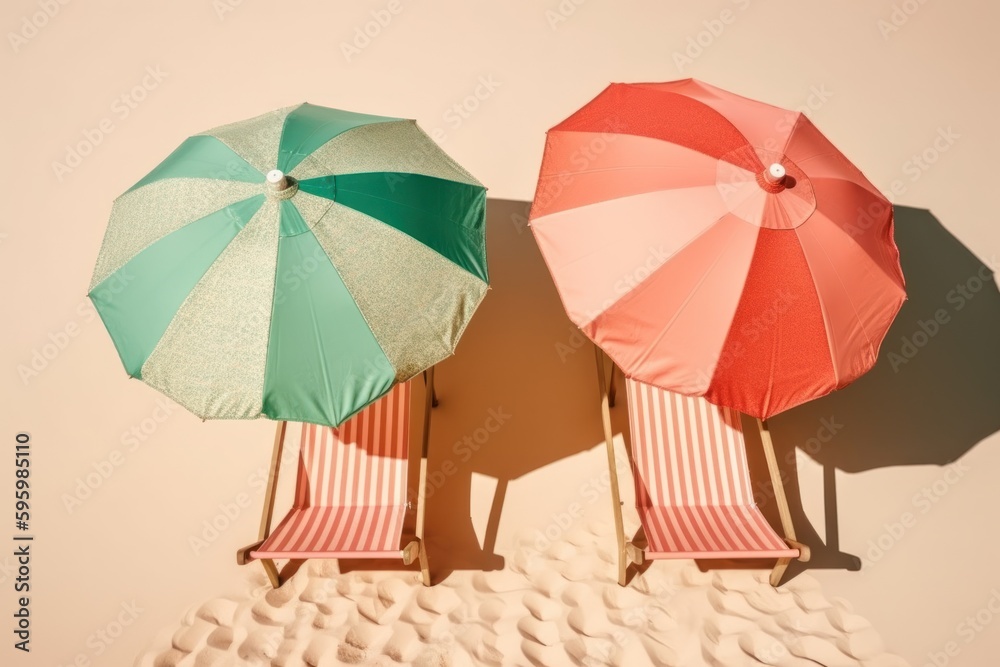 Beach chair with umbrella on pink background
