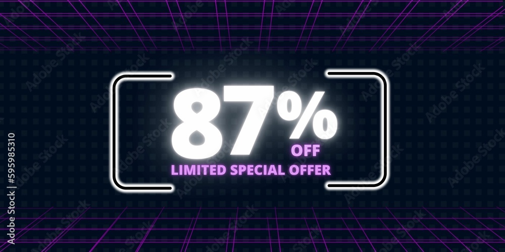 87% off limited special offer. Banner with eighty seven percent discount on a  black background with white square and purple