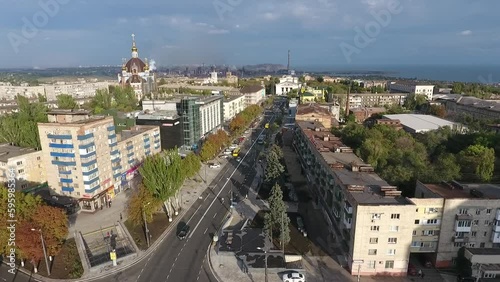 Panorama of Mariupol Drama theater from above Azovstal plant works and smokes in 2018 Generative AI