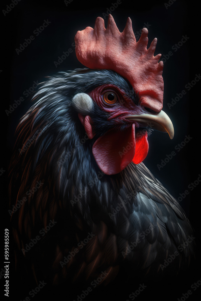 Portrait of a rooster isolated on a black background close up Generative AI