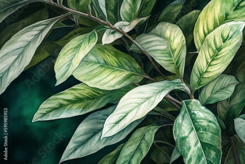 Watercolor painting of green leaves. Generative AI