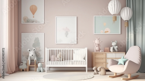 modern minimalist nursery room style. Baby room interior in light colours  generative AI