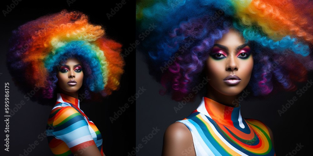 Fototapeta premium Afroamerikanische Frau in Designer Mode und poppiger bunter Haar Frisur, Gesicht Nahaufnahme im Porträt, ai generativ